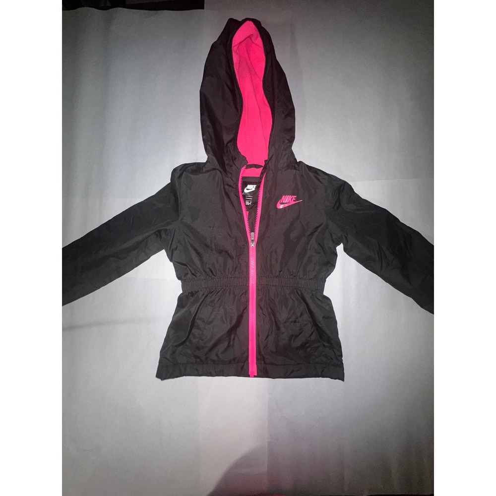 Nike Girls Black Pink Hooded Windbreaker Fleece Lined Jacket 4T G673-023